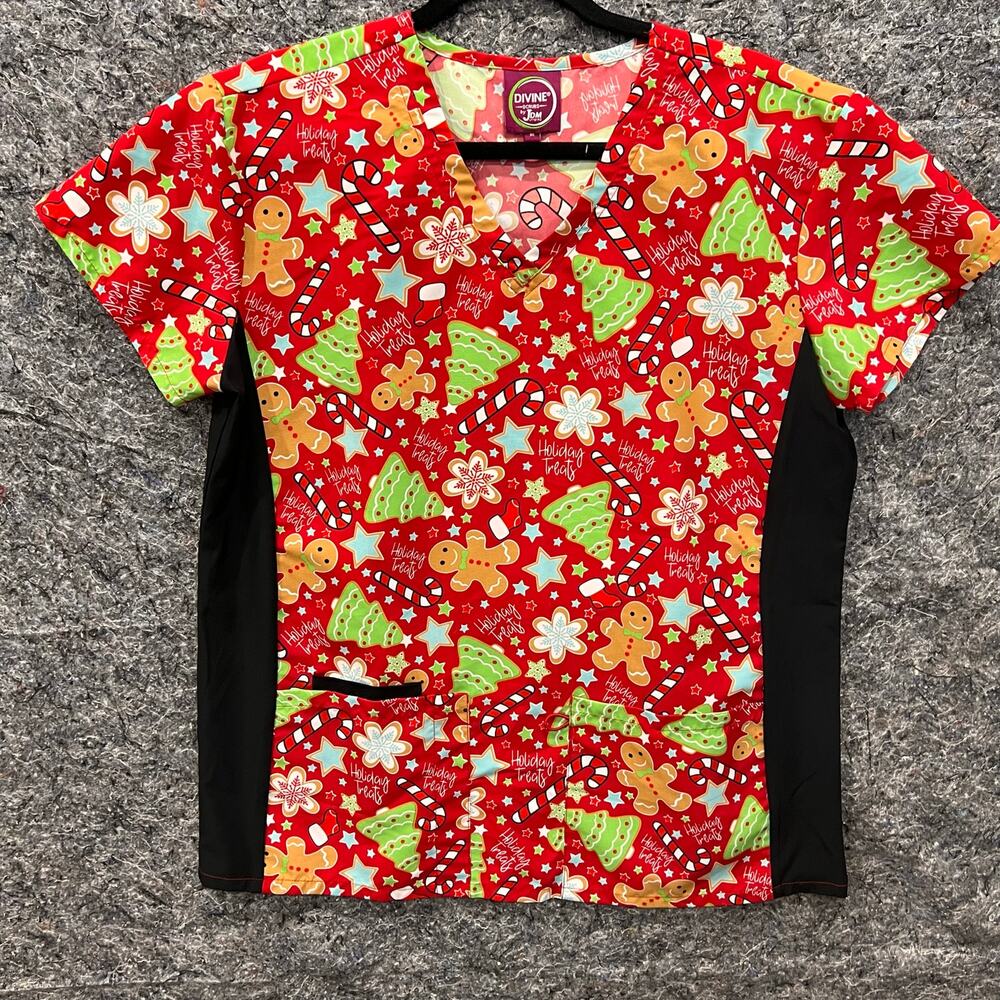 Divine Scrub- Women's Medium -Christmas design -Short Sleeve -V-neck -Red Black